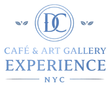 Logo with “DC” in a circle above the text “Café & Art Gallery Experience NYC” in blue letters, with small leaf designs on either side, all on a light background.