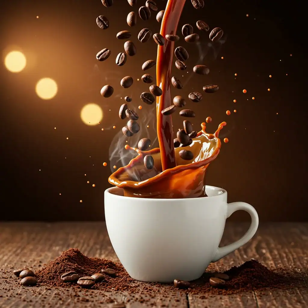 A white coffee cup filled with splashing coffee, surrounded by flying coffee beans and coffee grounds on a wooden table, with warm, blurry lights in the background.