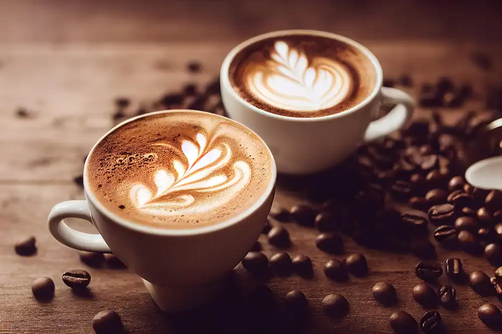 Two cups of cappuccino with intricate latte art on top sit on a wooden table in a cozy cafe NYC, surrounded by scattered coffee beans.