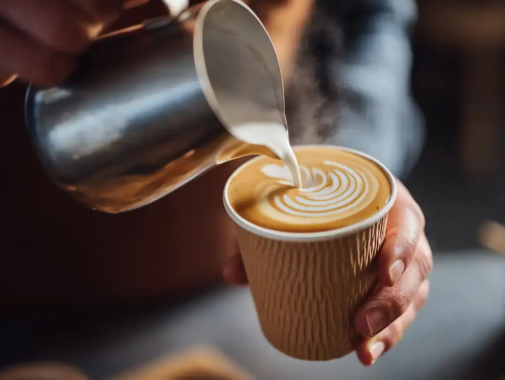 A close-up of a hand holding a textured paper cup of coffee at a cozy cafe NYC, while another hand pours steamed milk in a delicate, swirling latte art pattern. Steam rises gently from the hot beverage.