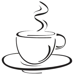 A simple black and white icon of a steaming coffee cup on a saucer, with steam rising from the cup in a wavy pattern&mdash;perfect for any cafe NYC vibe.