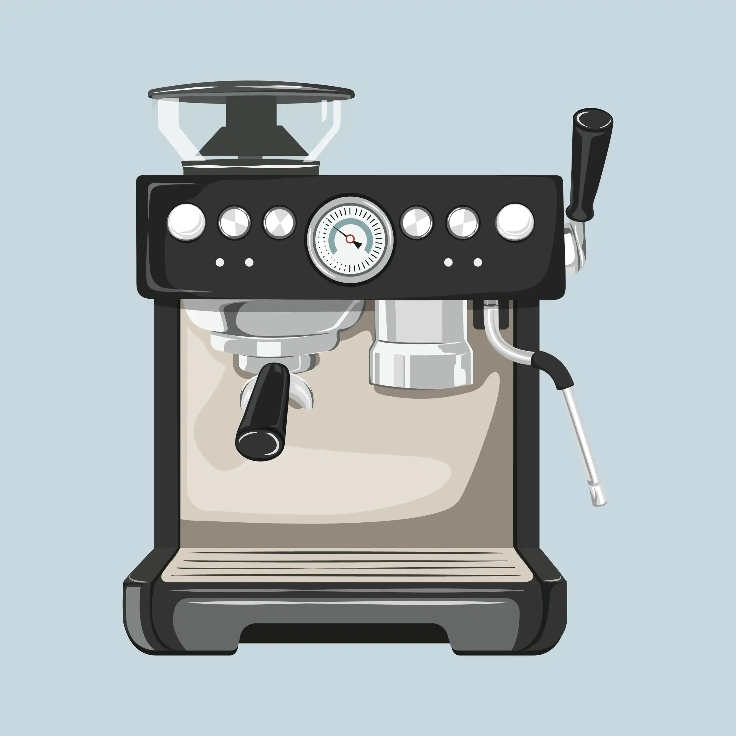 Illustration of a modern espresso machine with a portafilter, pressure gauge, steam wand, and control knobs on a light blue background. The machine is black and silver with a flat base and wide drip tray.